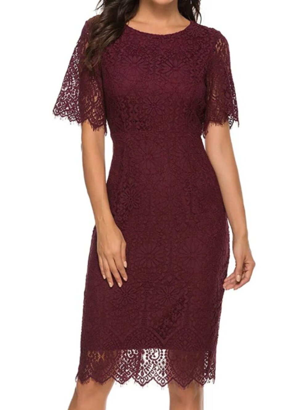 Merokeety Short Sleeve Floral Lace Cocktail Dress Red Wine Size L